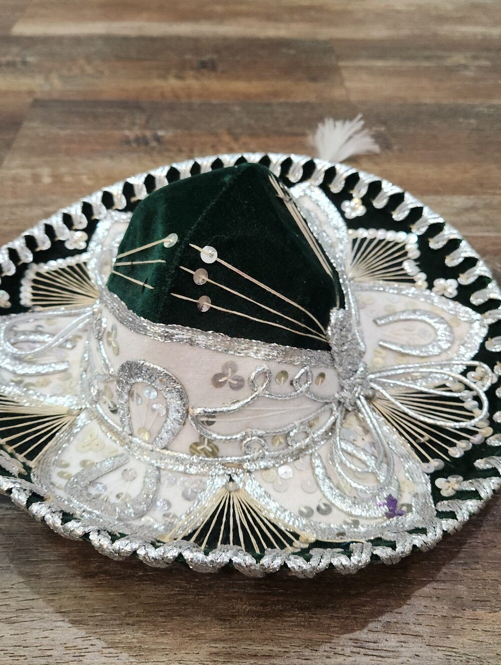 Handcrafted Children's Green Velvet Charro Sombrero with Silver Embroidery